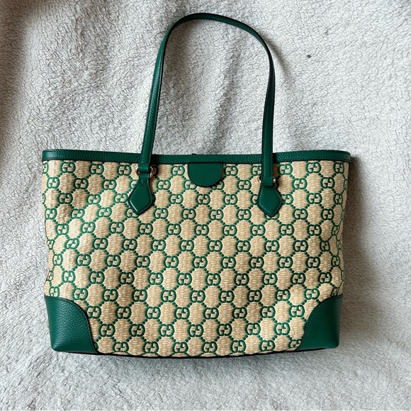 NWT Authentic Gucci Special Edition Straw Woven GG Ophidia Tote Bag NaturalGreen - Picture 5 of 14